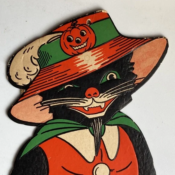 Rare 1950’s Vintage Halloween Beistle Embossed Black Cat Puss In Boots Die Cut - Picture 4 of 7